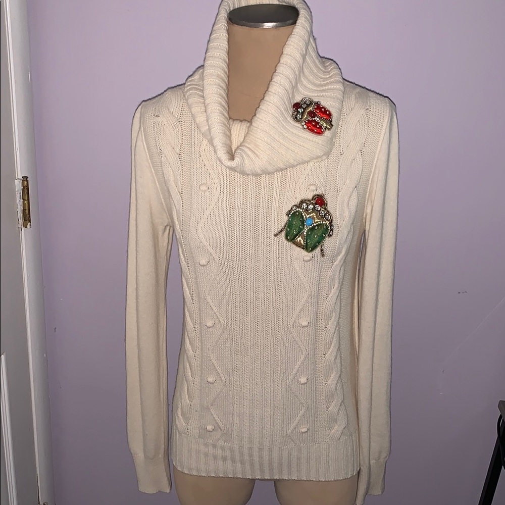 *Valentino* Cashmere Elegant Cowl Neck Sweater with Brooch Accents